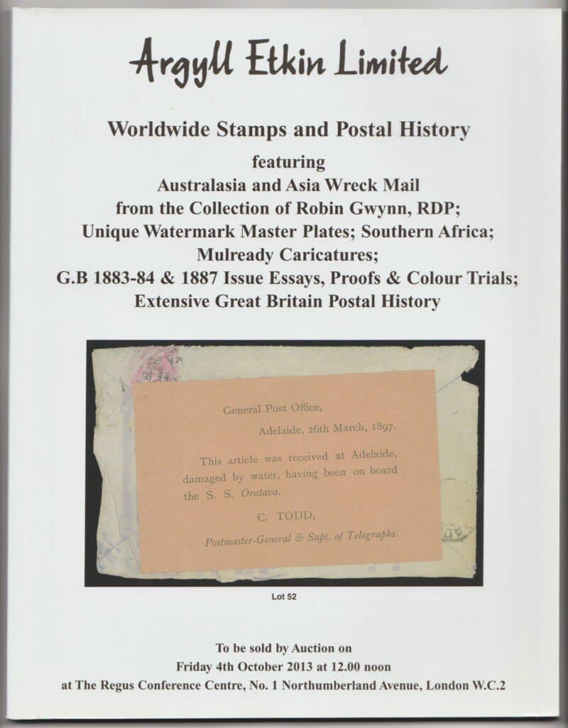 Worldwide Stamps and Postal History featuring Australasia and Asia Wreck Mail from the Collection of Robin Gwynn, RDP;